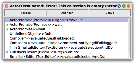 ActorTerminated: Error: This collection is empty (actor: an Actor (52670) on an OrderedCollection() (terminated))